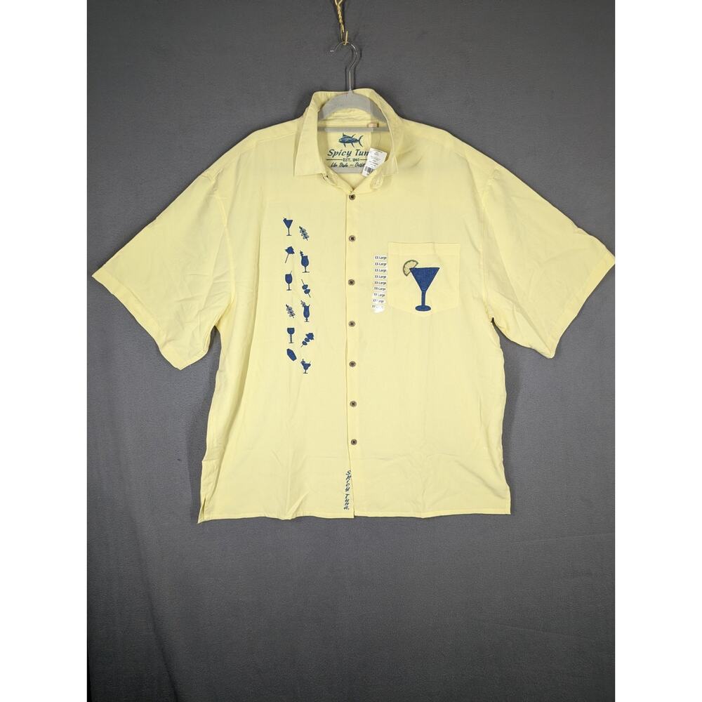 Spicy Tuna Shirt Mens 2XL Yellow Button Up Embroidered Cocktails